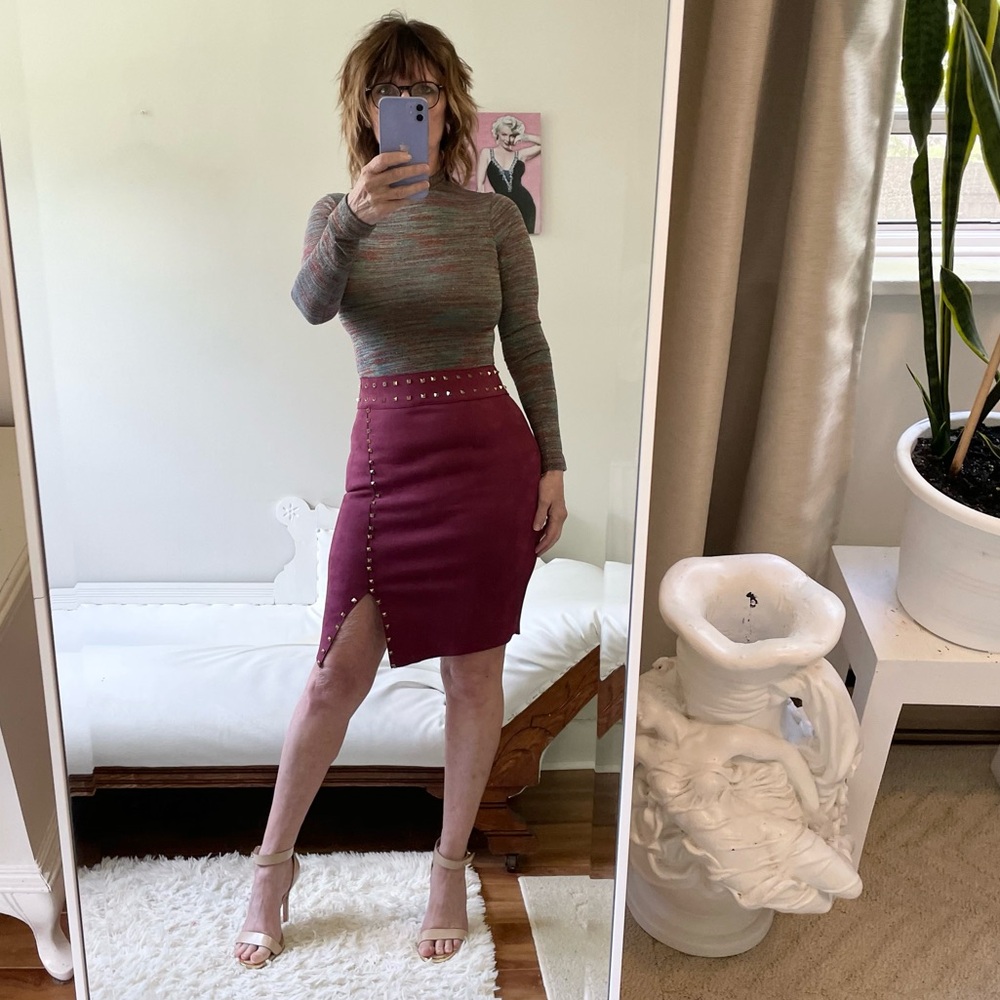 CAPSULE PLUM BURGUNDY PURPLE FAUX SUEDE PENCIL SKIRT STUDS ASYMMETRIC HEM